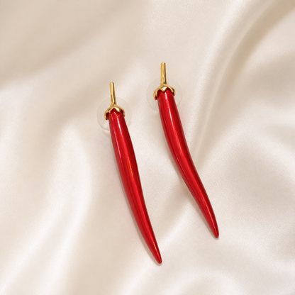 Crimson Curve Drop Earrings on ivory silk
