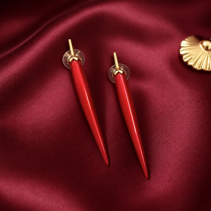 Crimson Curve Drop Earrings on burgundy silk