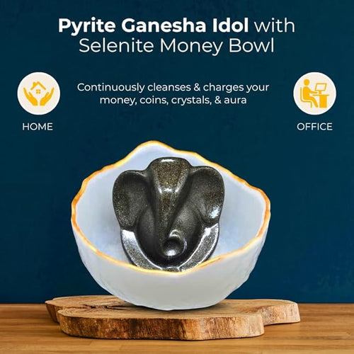 Pyrite Ganesha With Selenite Bowl